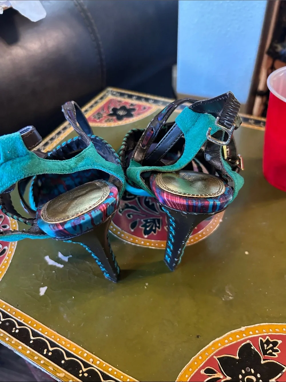 Baby Phat Teal and Black Strappy High Heel Sandals